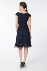 Pintuck Jersey Portrait Cocktail Dress in Navy