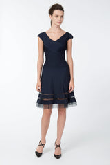 Pintuck Jersey Portrait Cocktail Dress in Navy