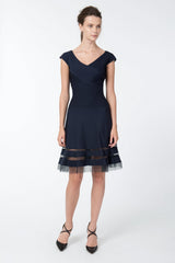 Pintuck Jersey Portrait Cocktail Dress in Navy