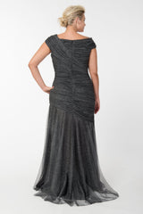Draped Metallic Tulle Gown in Pewter - PLUS SIZE