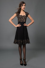 Pintuck Jersey and Lace Cap Sleeve Dress in Black / Nude