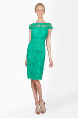 Embroidered Banded Lace Cap Sleeve Sheath Dress in Jade