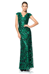 Paillette Embroidered Lace Scalloped V-Neck Gown