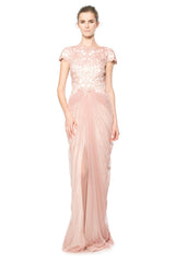 Laser Cut Embroidery Draped Tulle Gown
