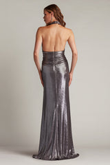 Mona Pleated Metallic Halter Gown