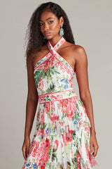 Somaya Floral Print Fringe Gown
