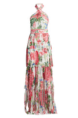 Somaya Floral Print Fringe Gown
