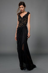 Floral Embellished Gown in Black / Nude