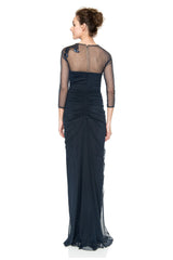 Draped Tulle 3/4 Sleeve Gown