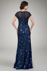 Embroidered Mini Paillette Gown in Navy