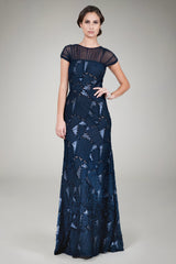Embroidered Mini Paillette Gown in Navy