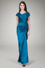 Ruched Cap Sleeve Taffeta Gown in Eclipse