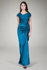 Ruched Cap Sleeve Taffeta Gown in Eclipse