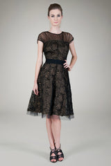 Cut Metallic Tulle Cap Sleeve Dress in Black / Nude