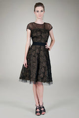 Cut Metallic Tulle Cap Sleeve Dress in Black / Nude
