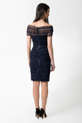 Sequin Mesh Ruched Dress in Navy