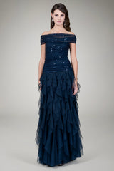 Hand Cut Organza Gown in Navy