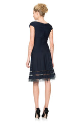 Pintuck Jersey Portrait Cocktail Dress in Navy