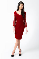 Pintuck Jersey V-Neck Dress in Deep Red