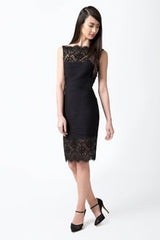 Pintuck Jersey Boatneck Dress with Sheer Lace Detail in Black