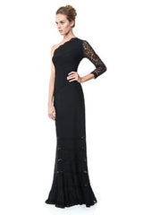 Pintuck Jersey One Shoulder Gown with Lace Sleeve in Black