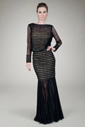 Pleated Chantilly Lace Blouson Gown in Black / Nude