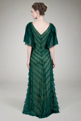 Hand Cut Chantilly Lace Bias Tiered Gown in Seagrass