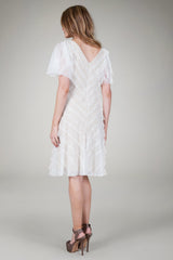 Hand Cut Chantilly Lace Bias Tiered Dress in Ivory