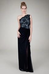 Mesh and Floral Lace One Shoulder Gown in Black / Ivory