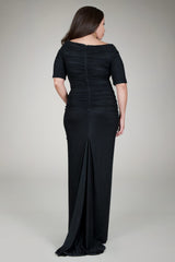 Asymmetric Ruched Sleeve Gown in Black