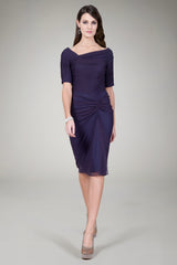 Draped Mesh Cocktail Dress in Eggplant