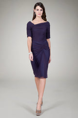 Draped Mesh Cocktail Dress in Eggplant