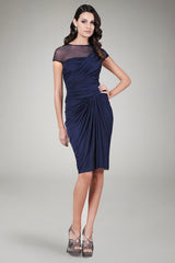 Mesh Cap Sleeve Draped Cocktail Dress in Navy