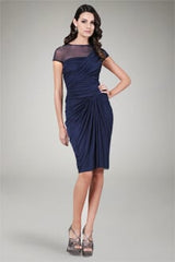 Mesh Cap Sleeve Draped Cocktail Dress in Navy
