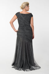 Draped Metallic Tulle Gown in Pewter - PLUS SIZE
