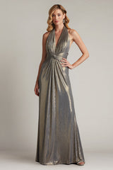Mona Pleated Metallic Halter Gown