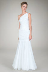 One Shoulder Ruched Gown in Ivory