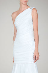 One Shoulder Ruched Gown in Ivory