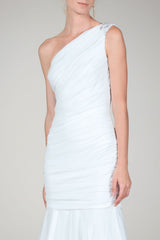 One Shoulder Ruched Gown in Ivory