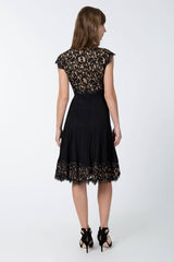 Pintuck Jersey and Lace Cap Sleeve Dress in Black / Nude