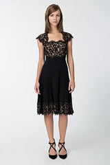 Pintuck Jersey and Lace Cap Sleeve Dress in Black / Nude