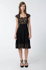 Pintuck Jersey and Lace Cap Sleeve Dress in Black / Nude