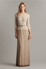 Amberly Belted Lace ¾ Sleeve Gown