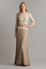 Amberly Belted Lace ¾ Sleeve Gown