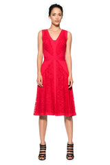 Lace V-Neck Dress with Pintuck Jersey Piping