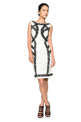Boatneck Banded Lace Dress in Black / Ivory
