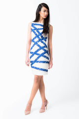 Asymmetric Banded Lace Dress in Blue Lagoon / Ivory
