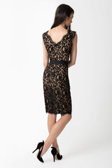 Lace V-Neck Dress with Grosgrain Ribbon Belt in Black / Nude