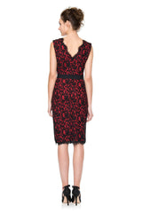 Lace V-Neck Dress with Grosgrain Ribbon Belt in Black / Peppermint