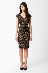 Embroidered Lace V-Neck Dress with Banded Lace Detail in Black / Nude